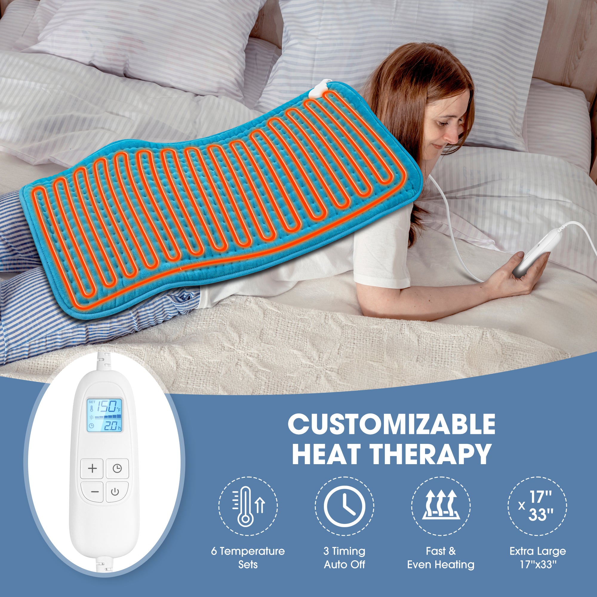 FluffyWarmth Electric Heating Pad for Back, Extra Large 17''x 33'' XXXL for Full Body,Menstrual Period Cramps,Neck Shoulder Back Pain Relief, 6 Heat Settings 4 Timers Heating Pad, Gifts for Women Men